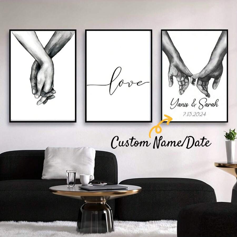 3件套，定制无框帆布海报 - 定制姓名墙画，黑白爱与手图案墙饰，帆布墙画，房间装饰，家居装饰，节日装饰，卧室装饰，客厅装饰，玄关装饰，背景装饰，墙面装饰，客厅家居装饰 - 彩色 - 查看 1