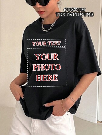 Custom Women's T-Shirt - Add Your Text And Photos (Badge Pattern/Couple Photo/Family Photo/Selfie/Pet), Design Your Own Personalised Printed T-Shirt As A Gift For Girlfriends, Couple's Dating Shirt, Etc For Anniversary, Valentine's Day, Mother's Day, Birthdays, Festivals And More.Comfortable And Casual,Customised Couple Shirts,Women's Tops,Custom Graphic Tops,Women's Short Sleeve T Shirts,Tops