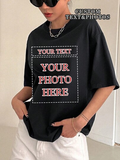 Custom Women's T-Shirt - Add Your Text And Photos (Badge Pattern/Couple Photo/Family Photo/Selfie/Pet), Design Your Own Personalised Printed T-Shirt As A Gift For Girlfriends, Couple's Dating Shirt, Etc For Anniversary, Valentine's Day, Mother's Day, Birthdays, Festivals And More.Comfortable And Casual, Customized Couple Shirts, Women's Tops, Custom Graphic Tops, Women's Short Sleeve T Shirts, Tops, Chic Autumn