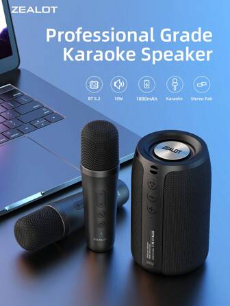  ZEALOT S32 10W 无线卡拉OK音箱，便携式户外低音炮，高保真音质，支持双设备配对，内置1800mAh电池，包含充电线和音频线，兼容智能手机/平板电脑/电脑/电视，适用于户外派对和家庭影院。