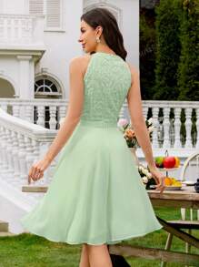 MIUSOL Floral Lace Halter Neck Ruffle Trim Chiffon Prom Party Swing Dress Elegant Semi Formal Wedding Guest Dress, For Birthday, Graduation, Homecoming