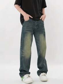 American High Street Design Washed Cat Whisker Distressed Blue Jeans Men's Loose Straight Denim Trousers