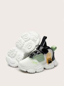 1 par de zapatillas deportivas para niños, transpirables, elásticas, suaves, con absorción de impactos, de secado rápido, livianas, impermeables, antideslizantes, con superficie de parche y tela, estilo casual y grueso para correr en la calle, para niños y niñas