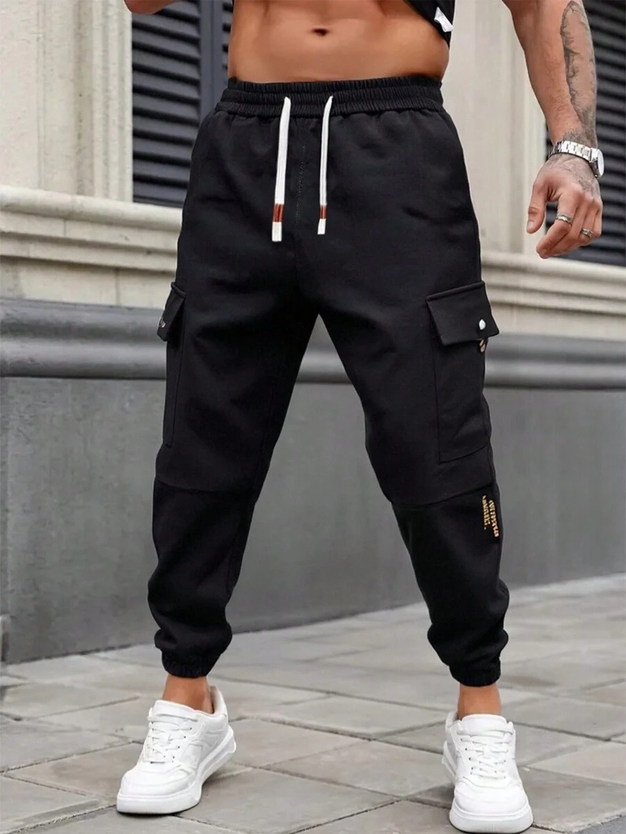 Men's Casual Drawstring Multi-Pocket Outdoor Cargo Pants - Black - View 1