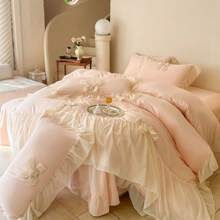 1 Peça Jogo de Capa de Edredom Azul com Laço Pregueado (1 Capa de Edredom, Sem Enchimento Interno, Sem Fronha), Jogo de Roupa de Cama de Chiffon Macio com Design de Laço, de Alta Qualidade e Confortável para Todas as Estações, Lavável em Máquina, Com Cantos Amarrados, Adequado para Quarto, Casa, Hotel