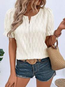Women's Summer Solid Round Neck Puff Sleeve Casual Blouse - White - View 1