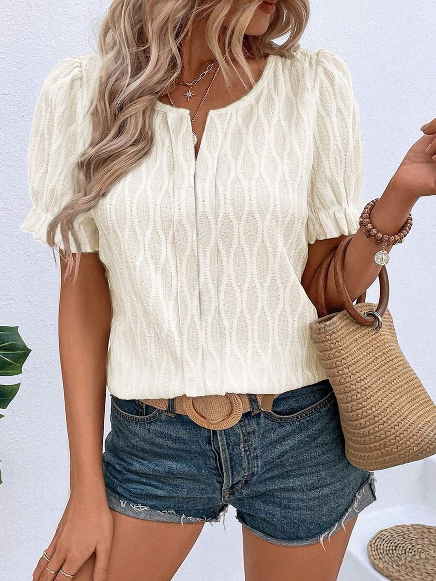 Women's Summer Solid Round Neck Puff Sleeve Casual Blouse - White - View 1