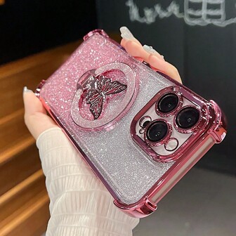 New Luxury Butterfly Glitter Stand Super Strong Magnetic Ring With Lens Protective Film Transparent Electroplated Mobile Phone Case Compatible With Apple Mobile Phones Compatible With IPhone 17 16 Galaxy A04E A05S A06 A07 A12 A13 A14 A15 A16 A17 A21S A22 A23 A24 A32 A33 A34 A35 A53 A54 A73 S10 S20 S21 S22 S23 S24S25 Ultra Note 20 Redmi Note 7/8/9/10/11/12/13/14, Redmi 9/10/12/13C/14C A5, OPPO, MOTO, Honor, HW, Realme C53 C55