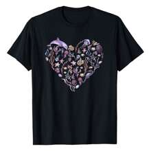 Under The Sea Life, Heart Design Ocean Animals, Plants Art T-Shirt, Women's Printed T-Shirt 220g, 100% Cotton, Retro Fashion Street Women's Short Sleeves, Round Neck Casual Women's Outdoor Short Sleeves, Daily Four Seasons Wear, Holiday Gifts