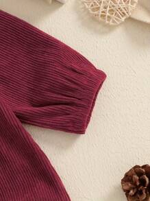 Baby Autumn Casual Corduroy Jumpsuit Long Sleeve Lapel Solid Color Button Up Romper - Burgundy - View 4