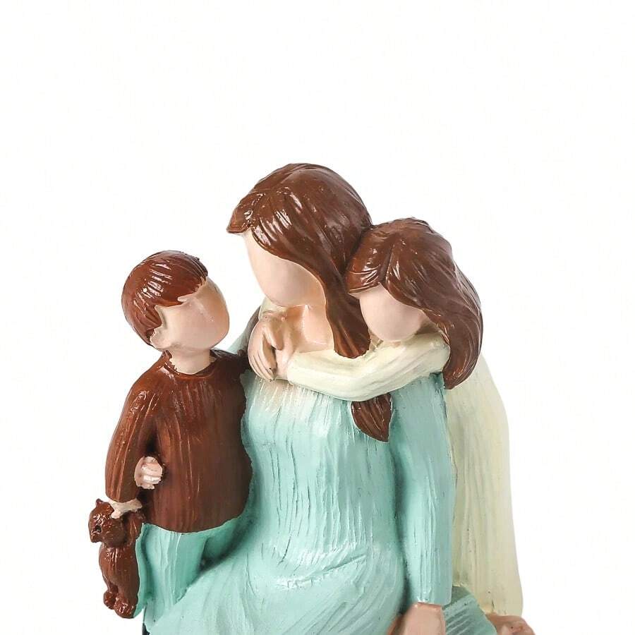 1 件妈妈和孩子雕像，雕刻手绘母亲和两个孩子雕像，母亲儿子女儿雕像母亲节周年生日礼物 - 橄欖綠 - 查看 1