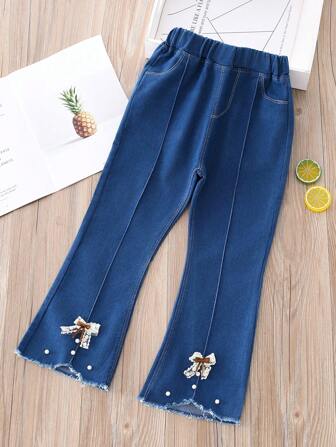 女童蝴蝶珍珠纽扣装饰牛仔效果裤，休闲松紧腰喇叭腿牛仔裤，适合春秋季，年轻女孩