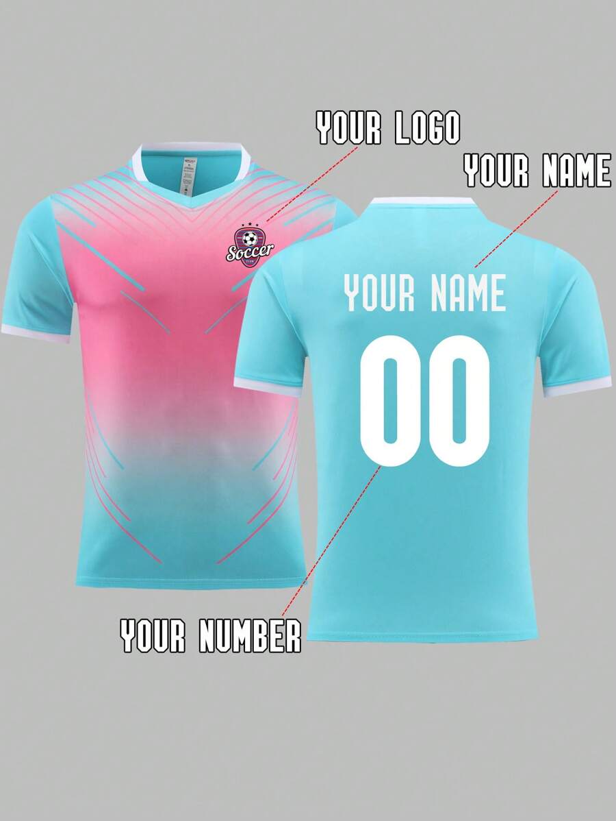 Customized Football/Sports Jersey With Personalized Graphic Design, Logo, Name & Number, Quick-Drying Breathable Unisex Sports T-Shirt Suitable For Football, Badminton And Volleyball, Spring/Summer Stylish,Fashion,Hipster,Casual,Minimal Chic Personalized,Customized,Custom,Unique Guy Costumes,Capsule Wardrobe,Men Basic/Street Style Ideal Gifts For Him Boyfriend,Family,Friends For Birthdays,For Vacation/Holiday,For School/Competition,For Sports/Climbing - Baby Blue - View 1