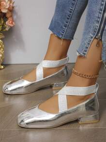 女士粗跟低跟鞋，方头弹性交叉带一脚蹬鞋，纯色百搭鞋44 - 銀色 - 查看 4