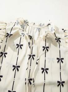 Acelitt Blusa con scollo a V arricciata con ruches, maniche a palloncino, decorata con fiocco e stampa, colore beige