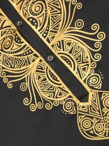 Camisa de manga larga con botones y estampado dorado en estilo tradicional africano Dashiki para hombres