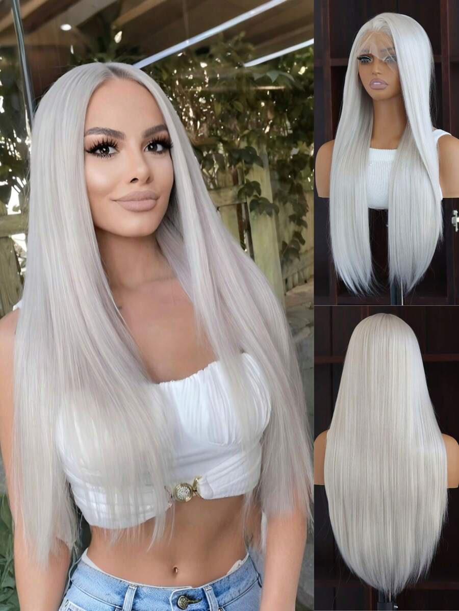SALLYWELL 13*4 Lace Front Wig, Silver Gray Long Straight Synthetic Wig For Women - 銀色 - 查看 1