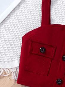 2pcs/Set Girls Casual Fashion Maroon Rib-Knit Top With Pockets & Faux Placket, Paired With Maroon Rib-Knit Skirt With Pockets, Comfortable Spring/Summer Outfit For Girls