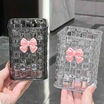 1PC Transparent Desktop Organizer Box With Decorative Pink Bow, Durable Pen Holder & Storage Case, Ideal For Back-To-School Supplies, Office, Dormitory, Makeup, Skincare & Desk Essentials