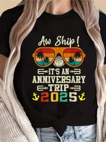 Aw Ship It's An Anniversary Trip 2025 Couple Matching Cruise T-Shirt - Soft, Breathable, Comfy 100% Cotton T-Shirt Crew Neck Tops - Ideal For Outdoor Activities, Casual Daily Wear, And Relaxation