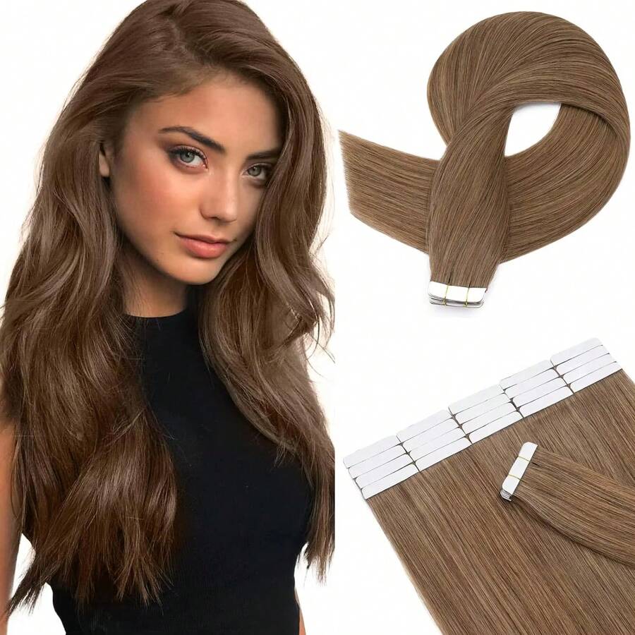 Tape In Real Human Hair Extension Rooted Tape In Hair Tape Human Hair Extensions For Women Color #6 Medium Brown