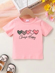 3 件套柔软、时尚、舒适、可爱的女孩手势和心形印花 T 恤套装 - 彩色 - 查看 3