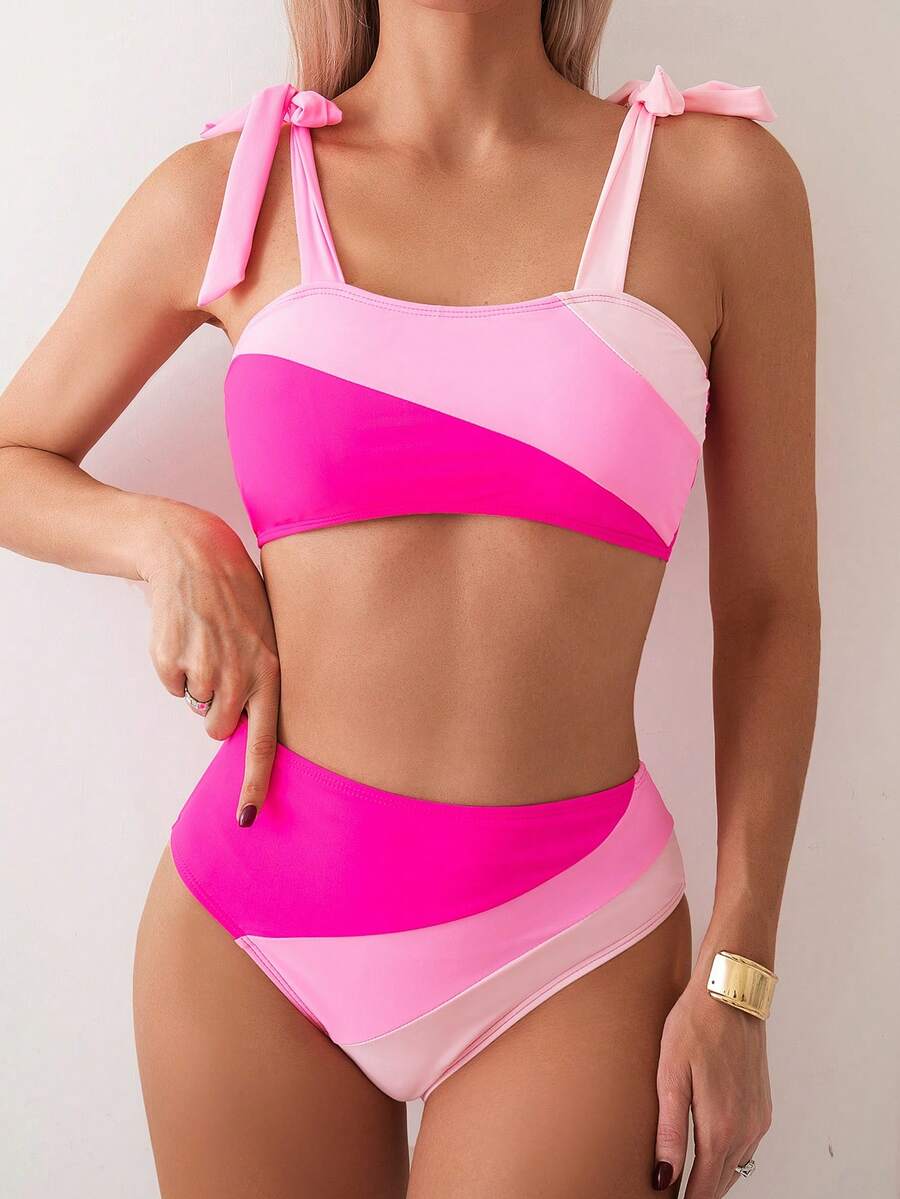 Women's Colorblock High Stretch Bikini Swimwear Set, For Summer Beach Vacation - Hot Pink - View 1