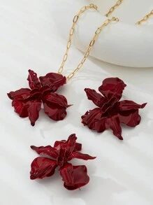 1 Set de joyas de pendientes y collar con flores rojas, joyería de moda como regalo para mujeres para viajes, fiestas, vacaciones