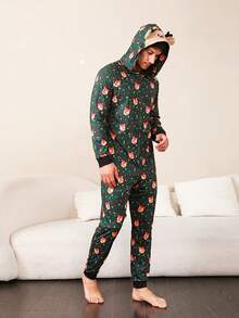 Pijama navideño, mono con capucha y estampado de ciervos de manga larga con cierre de cremallera - Verde - Ver 1