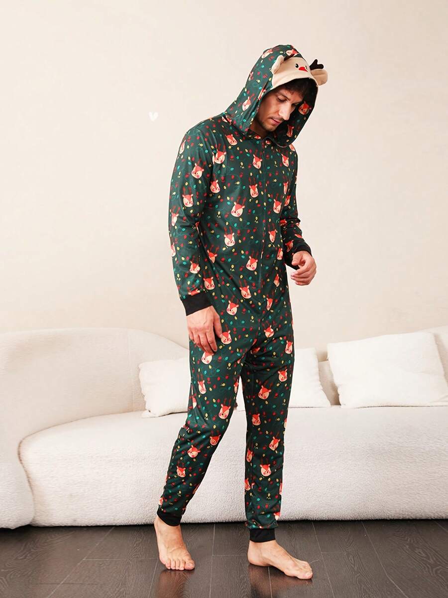 Pijama navideño, mono con capucha y estampado de ciervos de manga larga con cierre de cremallera - Verde - Ver 1