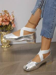 女士粗跟低跟鞋，方头弹性交叉带一脚蹬鞋，纯色百搭鞋44 - 銀色 - 查看 3