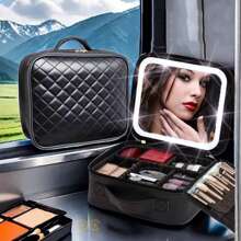 1 neceser de viaje con espejo iluminado por LED, organizador de brochas de maquillaje, estuche de maquillaje con espejo, neceser de maquillaje portátil, organizador de cosméticos de viaje, neceser de cosméticos, estuche de cosméticos con compartimentos ajustables, organizador de cosméticos impermeable, herramienta de almacenamiento, con espejo, con compartimentos, con organizador de brochas de maquillaje, con asa de transporte, diseño de rombos, alta calidad, adecuado para el hogar, la empresa, la escuela, de viaje (rombo negro, rombo rosa)