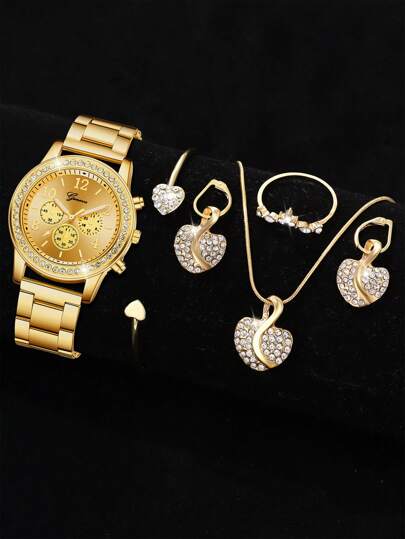 6 Pieces, Women'S Watches, Gold Alloy Steel Strip Luxury And Gorgeous Style Women'S Quartz Watches, Three Eye Roman Gold And Alloy Gold Jewelry Set, Heart-Shaped Diamonds, Suitable For Daily Wear