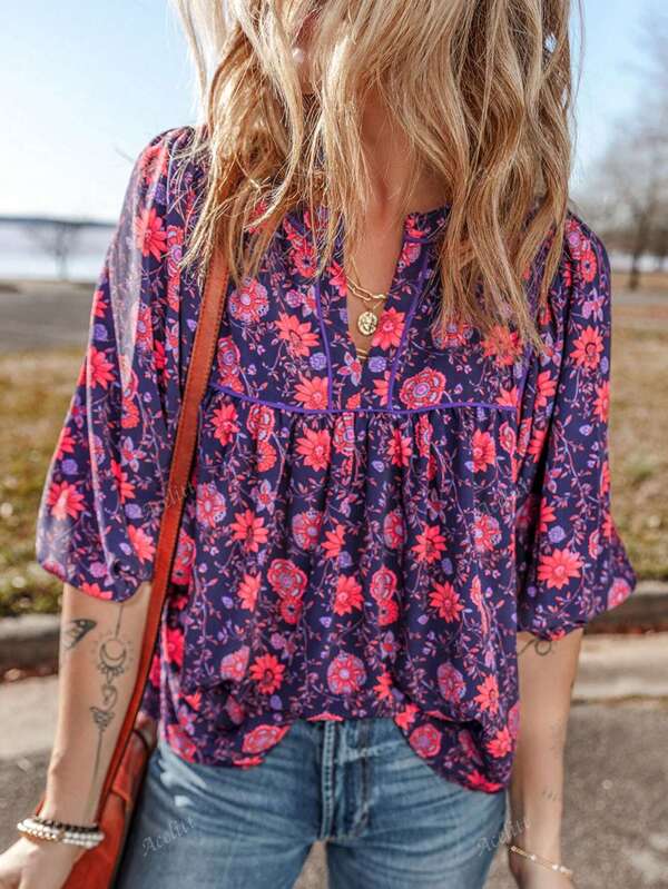 Acelitt Purple Floral Half Sleeve Split Neck Blouse Top