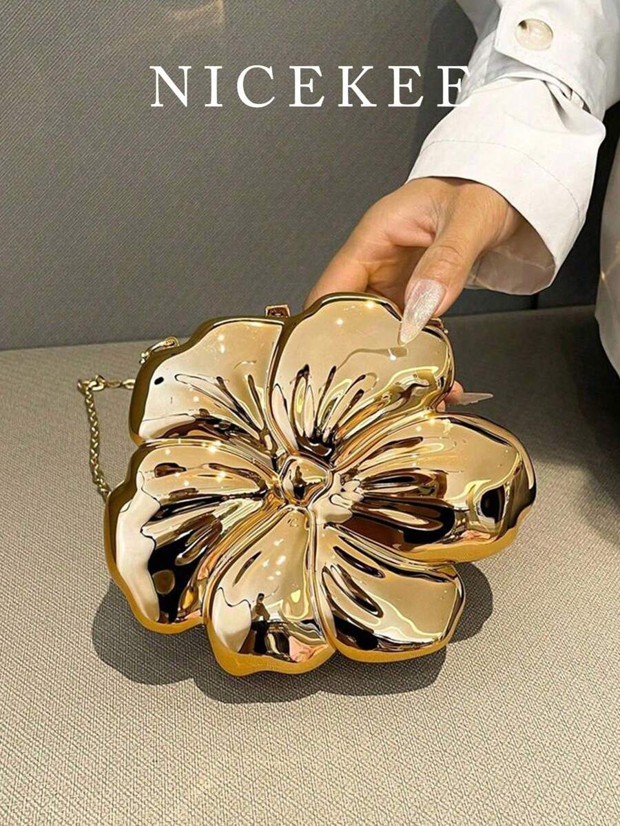 Luxury Shiny ABS Material Flower Shaped Mini Clutch Handbag Buckle Metal Bead Chain Shoulder Bag Women Party Charming Gift, Suitable For Dating, Shopping, Going Out, Commuting, Daily Matching, Fashion Niche Design, Women Bag