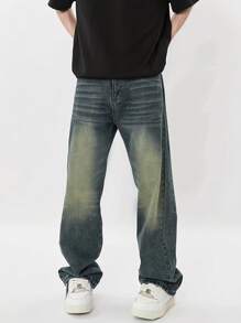 American High Street Design Washed Cat Whisker Distressed Blue Jeans Men's Loose Straight Denim Trousers