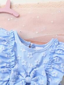 2pcs Set, Casual, Elegant, Sweet, Cute, Toddler Girls' Dress, Baby Girl Clothes, Soft & Comfortable, Floral Jacquard Bow Decor Ruffle Trim Solid Color Sleeveless Princess Dress Outfit, Suitable For Daily Wear, Vacation, Party, Photography