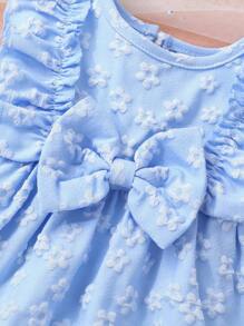 2pcs Set, Casual, Elegant, Sweet, Cute, Toddler Girls' Dress, Baby Girl Clothes, Soft & Comfortable, Floral Jacquard Bow Decor Ruffle Trim Solid Color Sleeveless Princess Dress Outfit, Suitable For Daily Wear, Vacation, Party, Photography