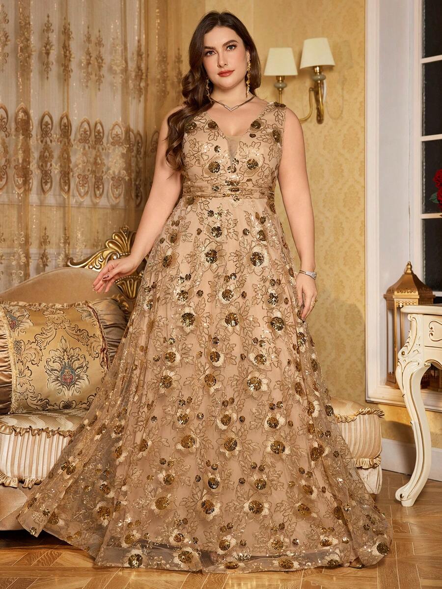 SUPGIR Maxikleid in Große Größen mit V-Ausschnitt, Tailleneinsatz mit Strass-Stickerei, Raffung, schlankmachend, geeignet für Bankette und formelle Anlässe