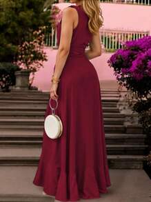 Women's Formal Dress With Ruffle, V-Neck, Side Slit, Belt And Off-Shoulder - Red - View 2