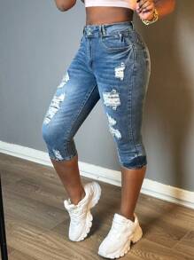 Women's Cropped High Waisted Ripped Tight Jeans Elastic Denim Cropped Pants With Pockets