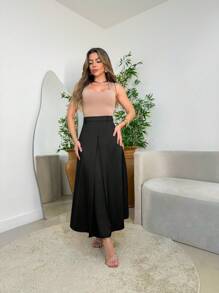 Long Monochromatic Tailored Skirt /M5512 - Black - View 1