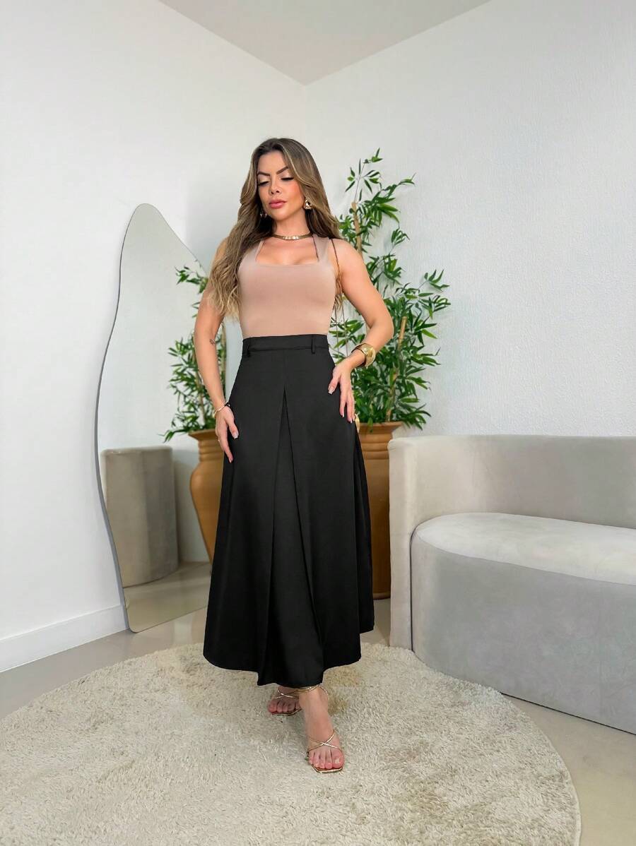 Long Monochromatic Tailored Skirt /M5512 - Black - View 1