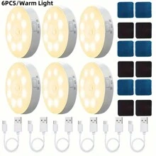 1 pieza/3 piezas/6 piezas Luces LED de gabinete USB con sensores de movimiento PIR, blanco/blanco cálido Luces nocturnas LED recargables, iluminación debajo del gabinete, iluminación debajo del mostrador para cocina, luz de armario, luces debajo del gabinete activadas por movimiento, tiras magnéticas adhesivas adecuadas para armarios, gabinetes, escaleras y dormitorios