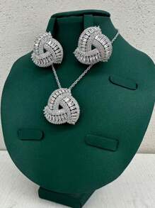 3pcs Luxury Silver Tone Necklace & Earrings Set. New Middle Eastern, European & American Bridal, Wedding, Daily, Party, Valentine's Day, Girlfriend Gift, Ramadan Sparkling Jewelry Set With Elegant Gift Box - Silver - View 2