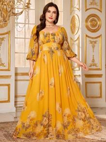 SUPGIR Plus Size Random Cut Floral Print Sweetheart Neck Long Lantern Sleeve Chiffon Elegant Midi Dress, Party Dress, Wedding Guest Dress, Formal Dress, Evening Dress,Gown