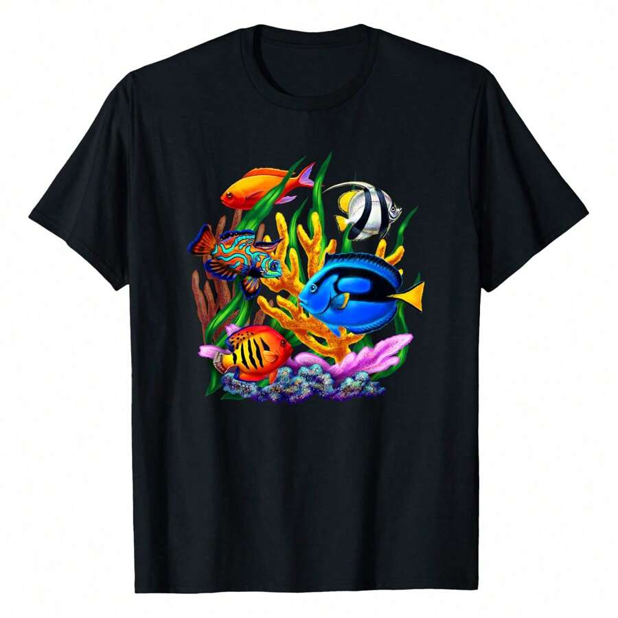Tropical Fish TShirt Tropical Shirts For Women T-Shirt, Women's Printed T-Shirt 220g, 100% Cotton, Retro Fashion Street Women's Short Sleeves, Round Neck Casual Women's Outdoor Short Sleeves, Daily Four Seasons Wear, Holiday Gifts