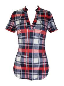 Women's Fashion Casual Sexy Plaid Print V-Neck Button Fitted Short Sleeve T-Shirt Summer Red - Red - View 2
