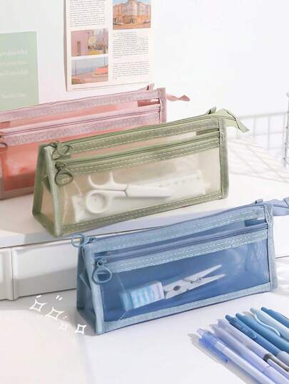 1个极简透明网状双层大容量铅笔盒，创意时尚学生考试文具收纳包，适用于学校、办公室、旅行，耐用便携隔层，透明网状化妆品和工具收纳盒，方便取用隔层，是青少年和成人的理想礼物，也是日常学习和工作的多功能必备配件。