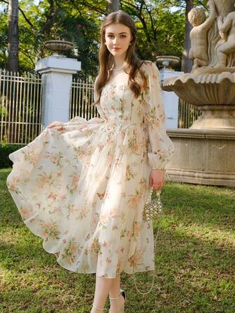 Vestido casual con estampado de flores y mariposas para mujer, minimalista y de moda para uso diario